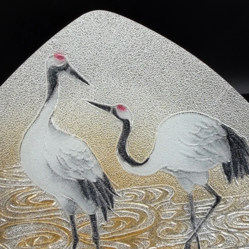 Ando Cloisonne Japanese Enamel Fan Plate Red Crowned Cranes Silver Gold w Stand